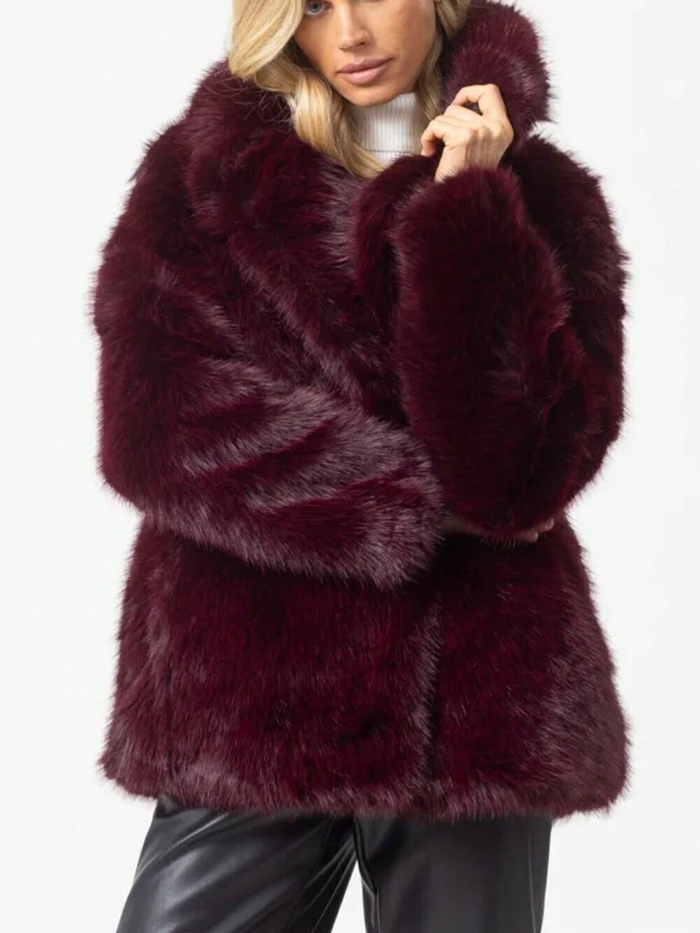 Burgundy Casual Women's Faux Fur teddy Warm Oversize Lapel Coat